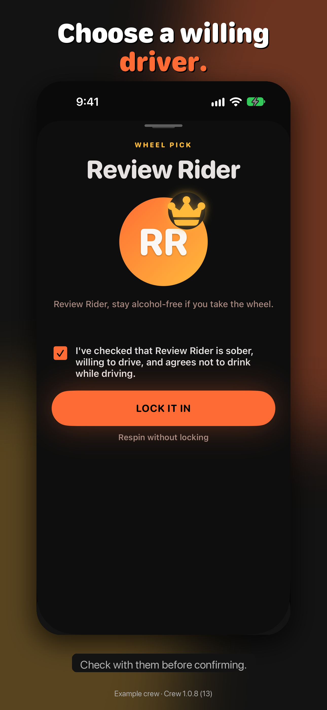 Upcoming Crew 1.0.8 driver result and sober, willing driver confirmation