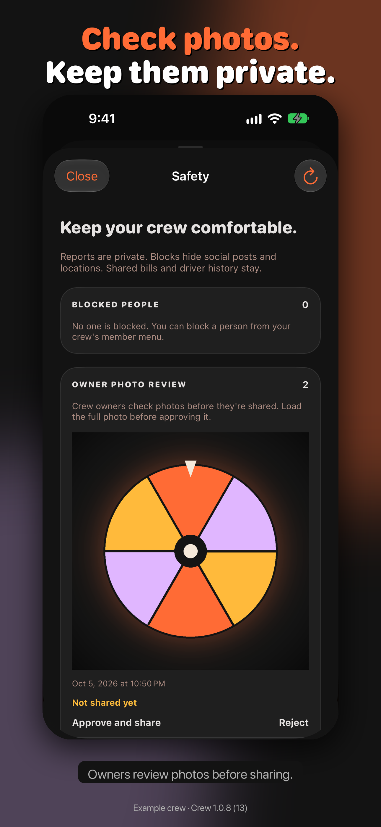 Upcoming Crew 1.0.8 owner photo-review queue using example images